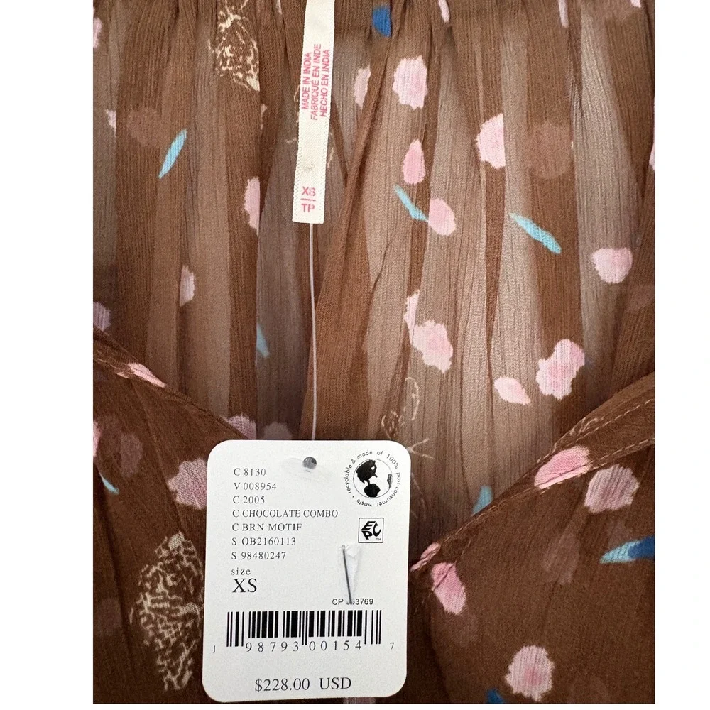 NWT Free People Brown Floral Sheer Chiffon Ruffle Blouse Smocked Top | XS